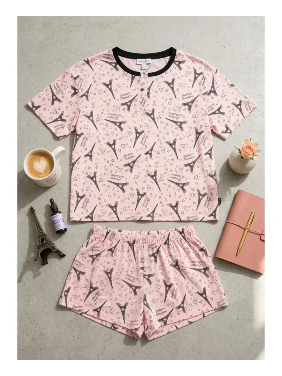 Комплект пижамы с коротким рукавом и шортами, модель Yummy Henley Studio Badgley Mischka — изображение 3 из 9, розовый