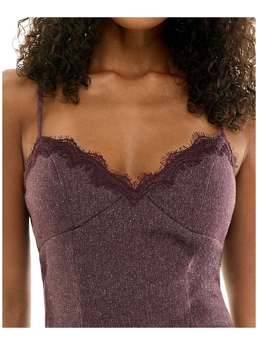 Платье-трапеция с кружевной отделкой и V-образным вырезом, модель Lace Trim Herringbone V-Neck SENI — изображение 3 из 6