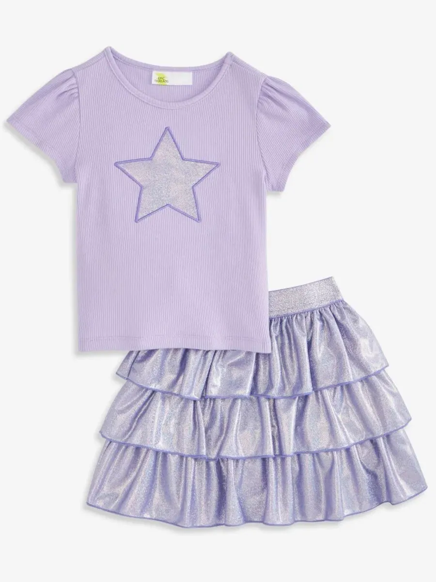 Комплект из футболки и юбки-шорт с блестками, модель Star Epic Threads — изображение 3 из 5, серый