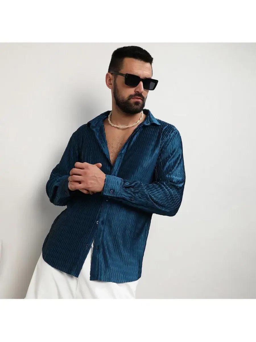Мужская рубашка с длинным рукавом Curly-Creased Shirt Campus Sutra — изображение 2 из 8, синий
