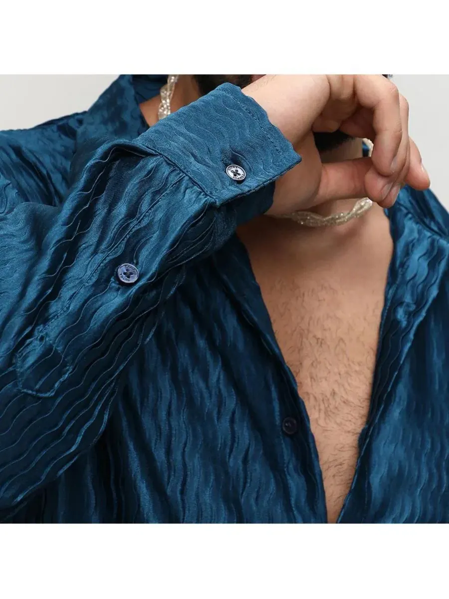 Мужская рубашка с длинным рукавом Curly-Creased Shirt Campus Sutra — изображение 4 из 8, синий