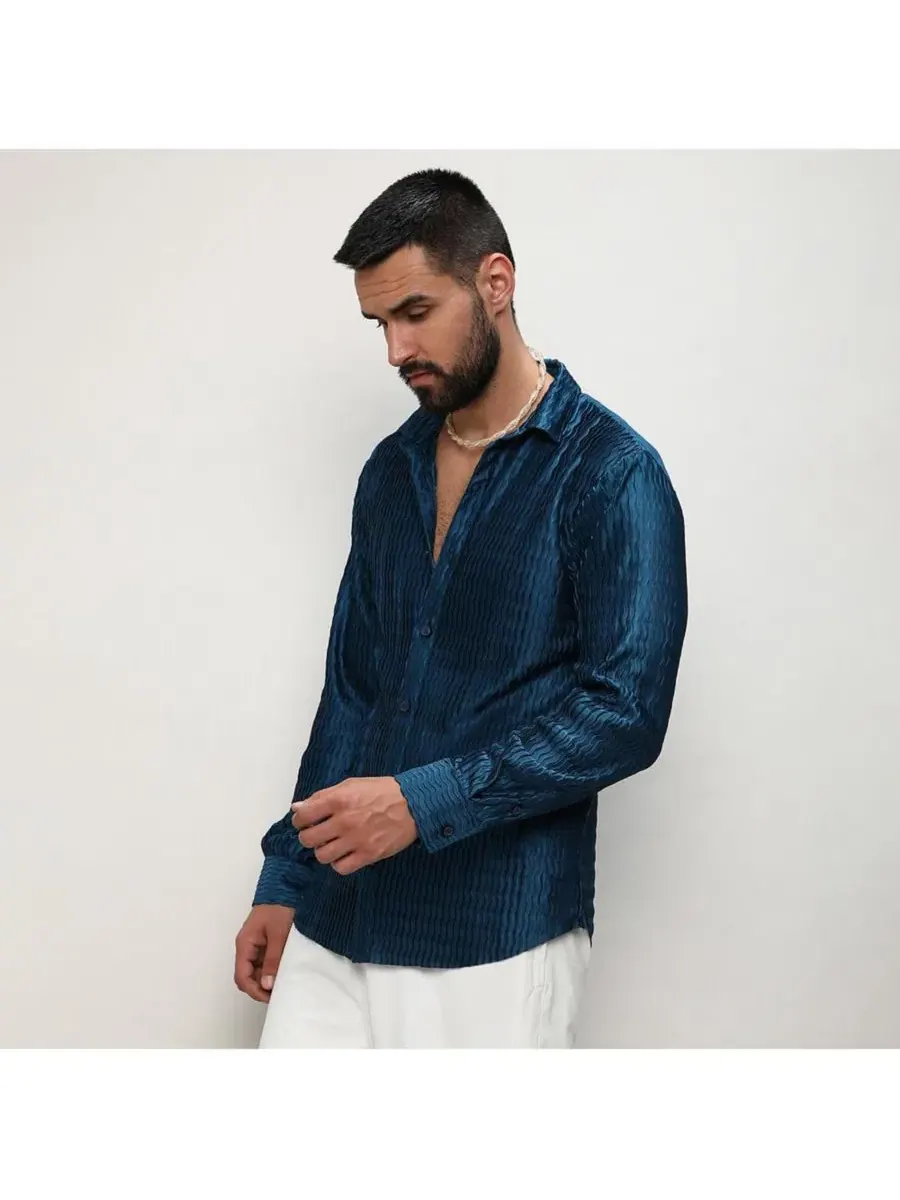 Мужская рубашка с длинным рукавом Curly-Creased Shirt Campus Sutra — изображение 6 из 8, синий