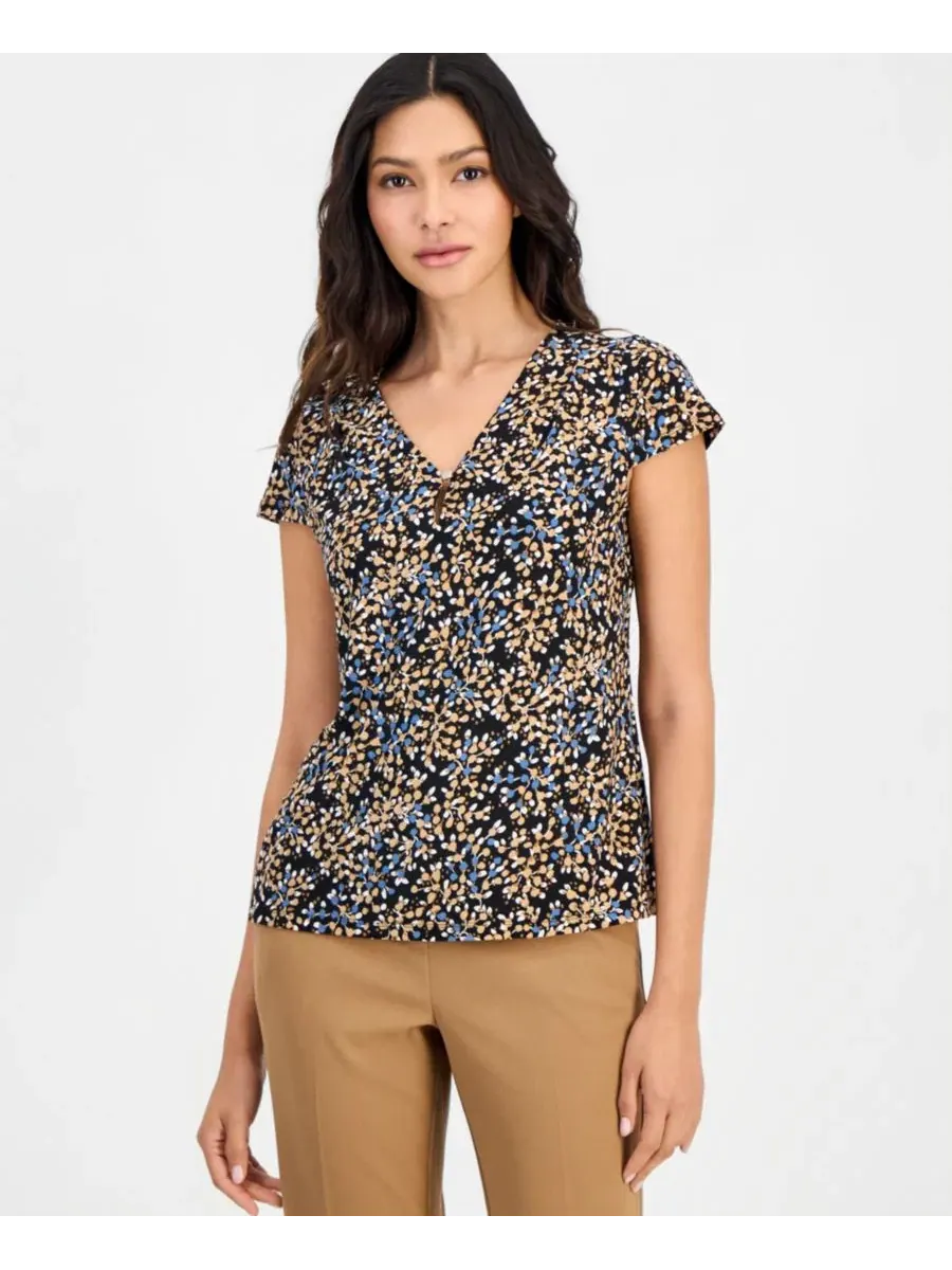 Блуза с принтом, кап-рукавами и плиссированным вырезом Anne Klein Essentials