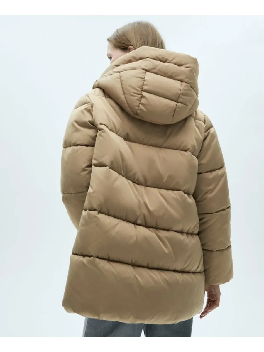 Женское стеганое пальто с капюшоном MANGO — изображение 4 из 10, бежевый