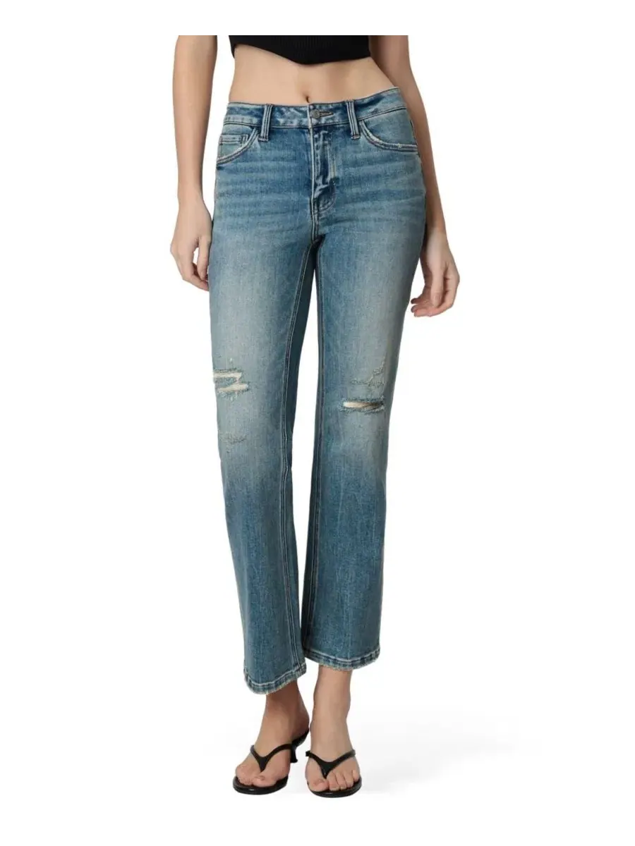 Джинсы прямого кроя с потертостями и тонированным эффектом, модель Mid Rise Distressed Tinted Ankle