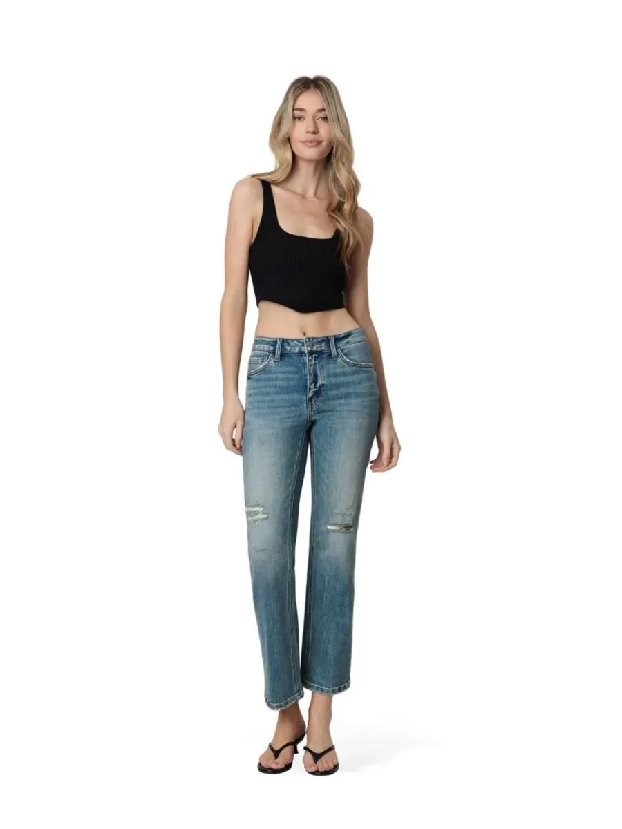Джинсы прямого кроя с потертостями и тонированным эффектом, модель Mid Rise Distressed Tinted Ankle — изображение 2 из 5