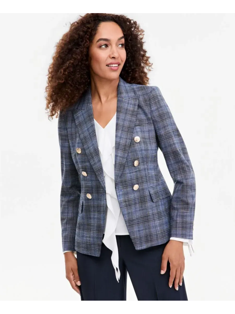 Блейзер с двубортным кроем и принтом в клетку Petite Plaid Double-Breasted Tahari ASL
