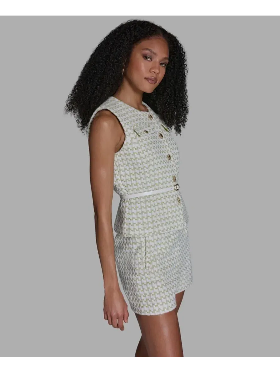 Жилет без рукавов с поясом, модель Button-Front Belted Vest BCBG — изображение 3 из 5, белый мульти