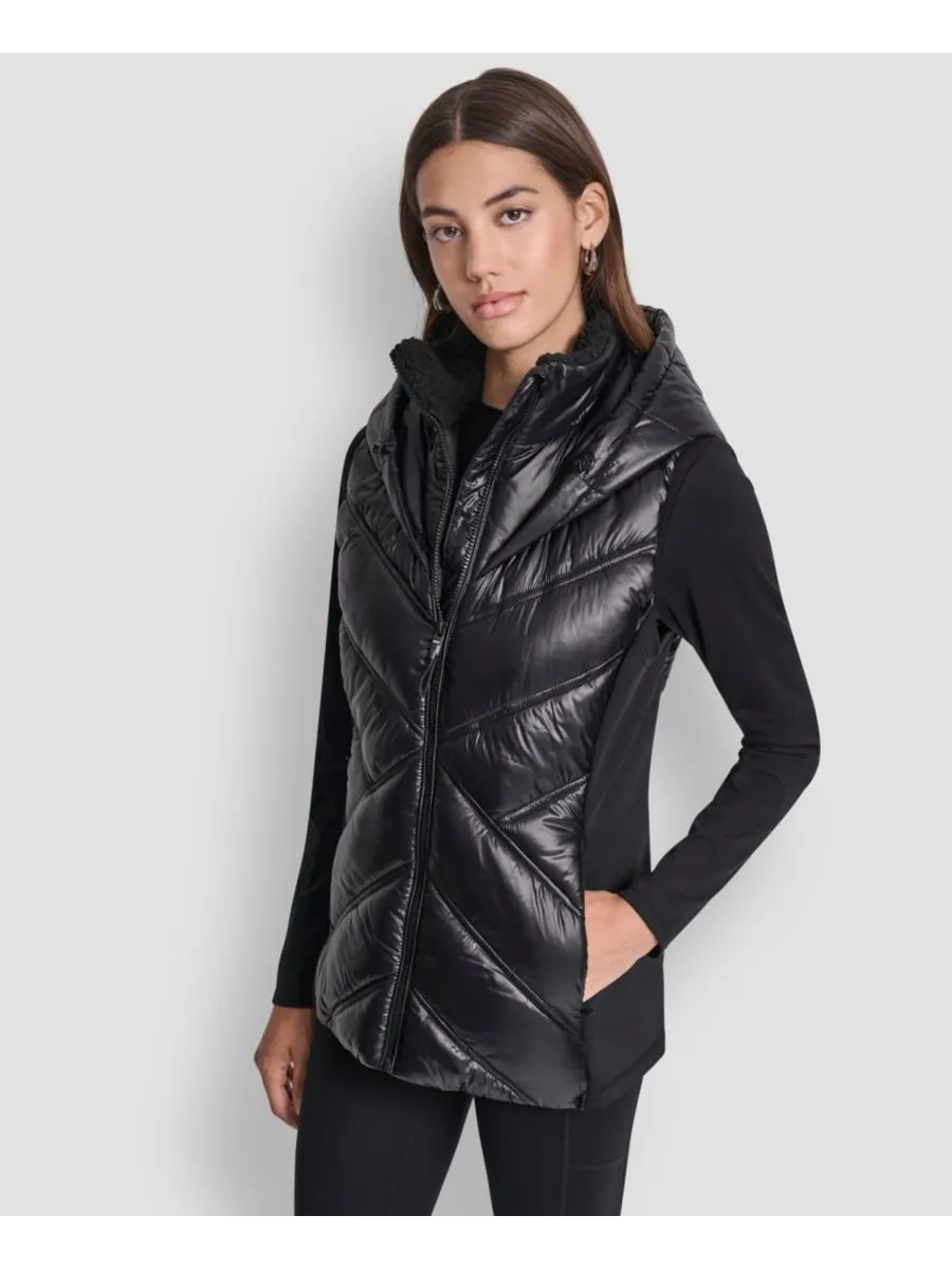 Женский пуховый жилет с контрастным воротником и капюшоном DKNY — изображение 1 из 6, металлик черный