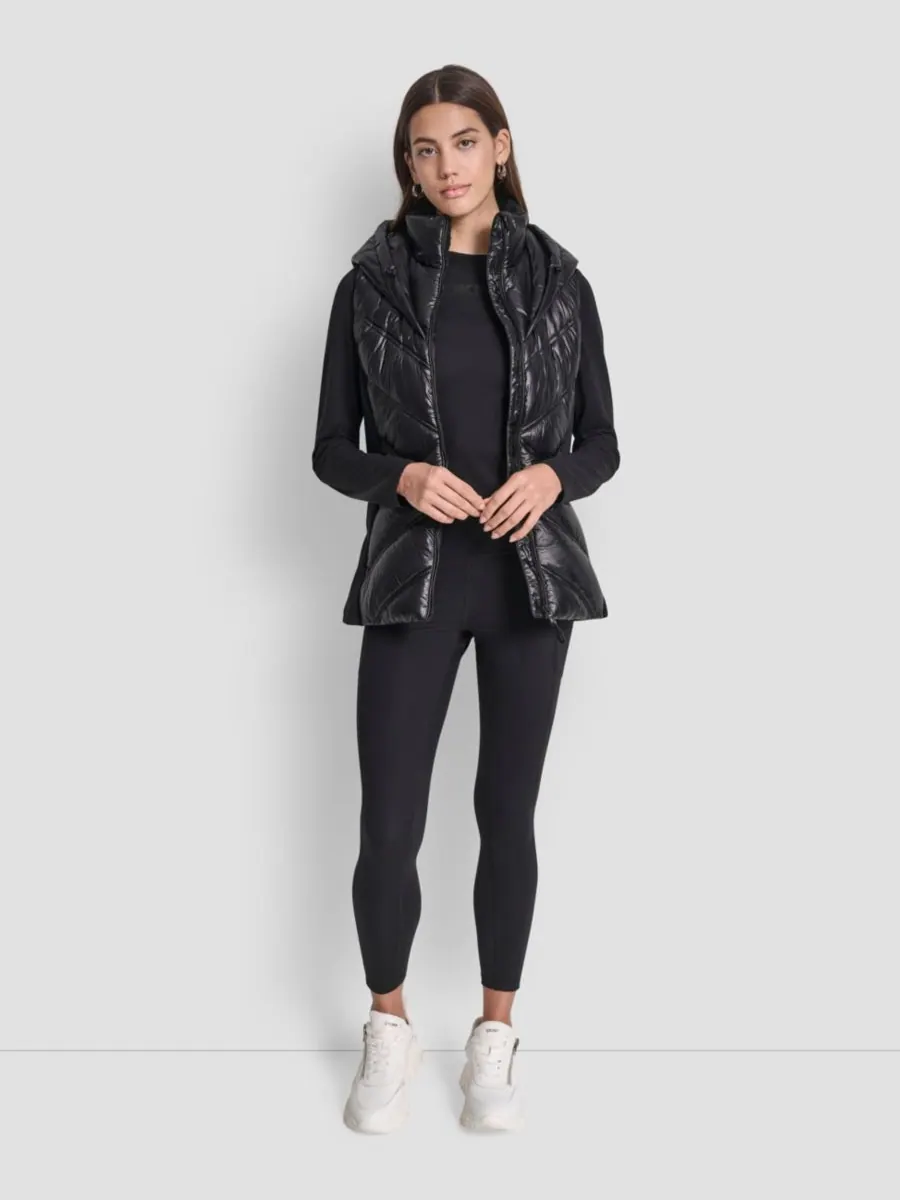 Женский пуховый жилет с контрастным воротником и капюшоном DKNY — изображение 2 из 6, металлик черный