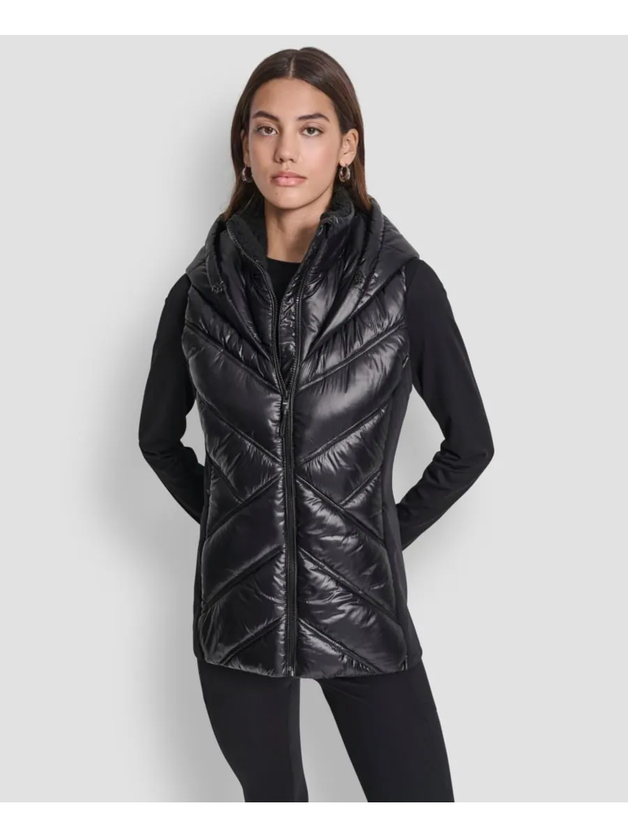 Женский пуховый жилет с контрастным воротником и капюшоном DKNY — изображение 3 из 6, металлик черный