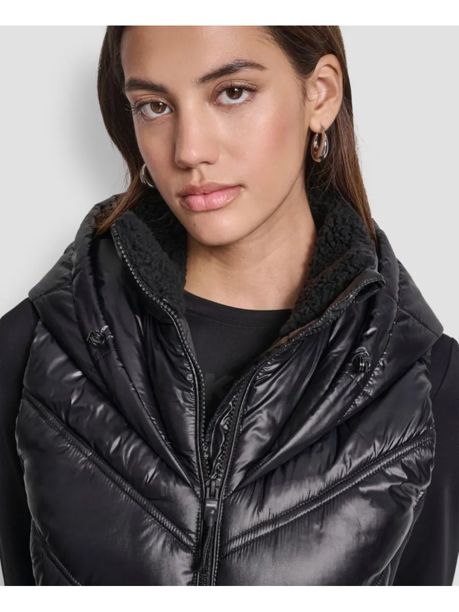 Женский пуховый жилет с контрастным воротником и капюшоном DKNY — изображение 4 из 6, металлик черный