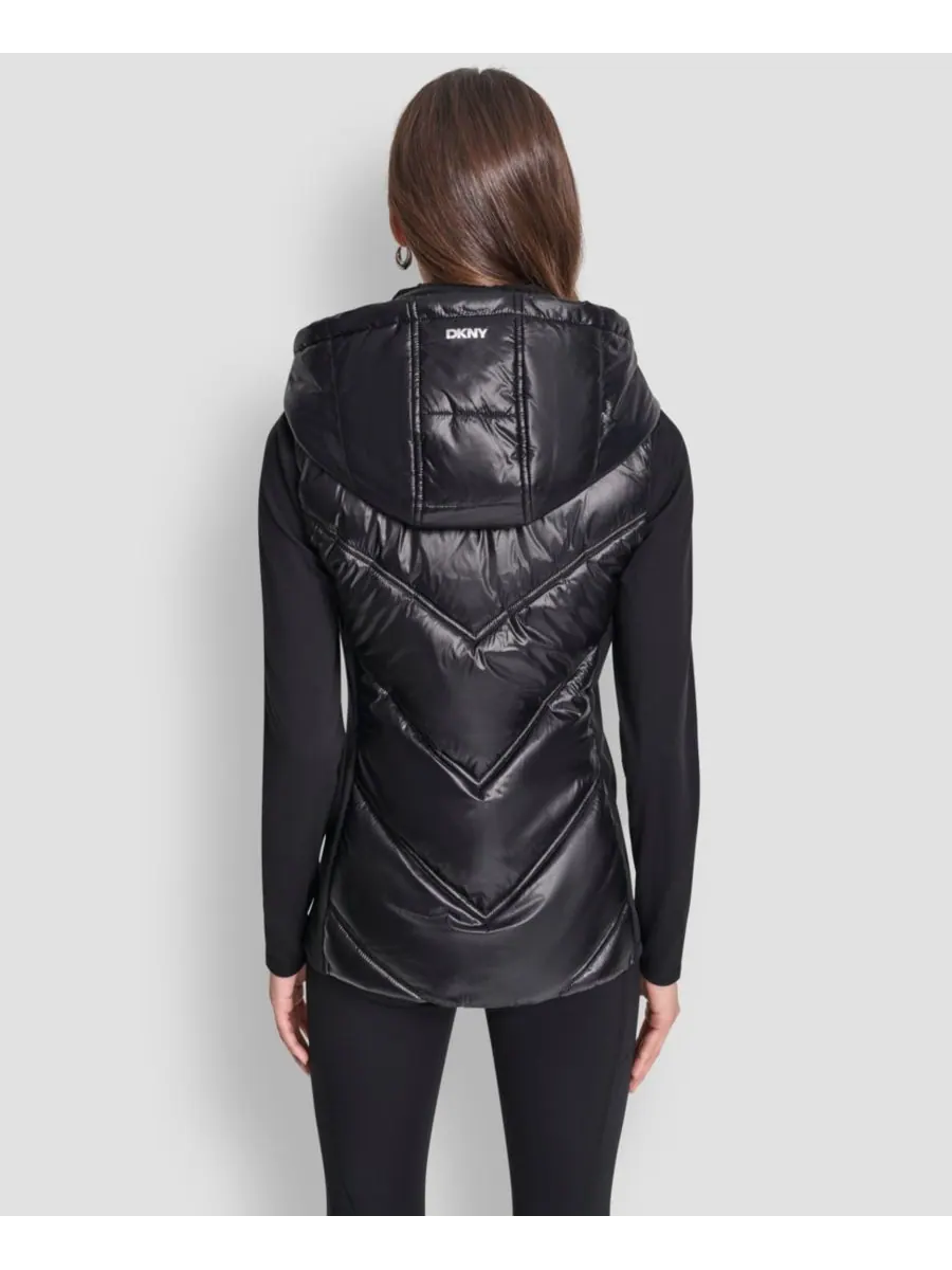 Женский пуховый жилет с контрастным воротником и капюшоном DKNY — изображение 5 из 6, металлик черный