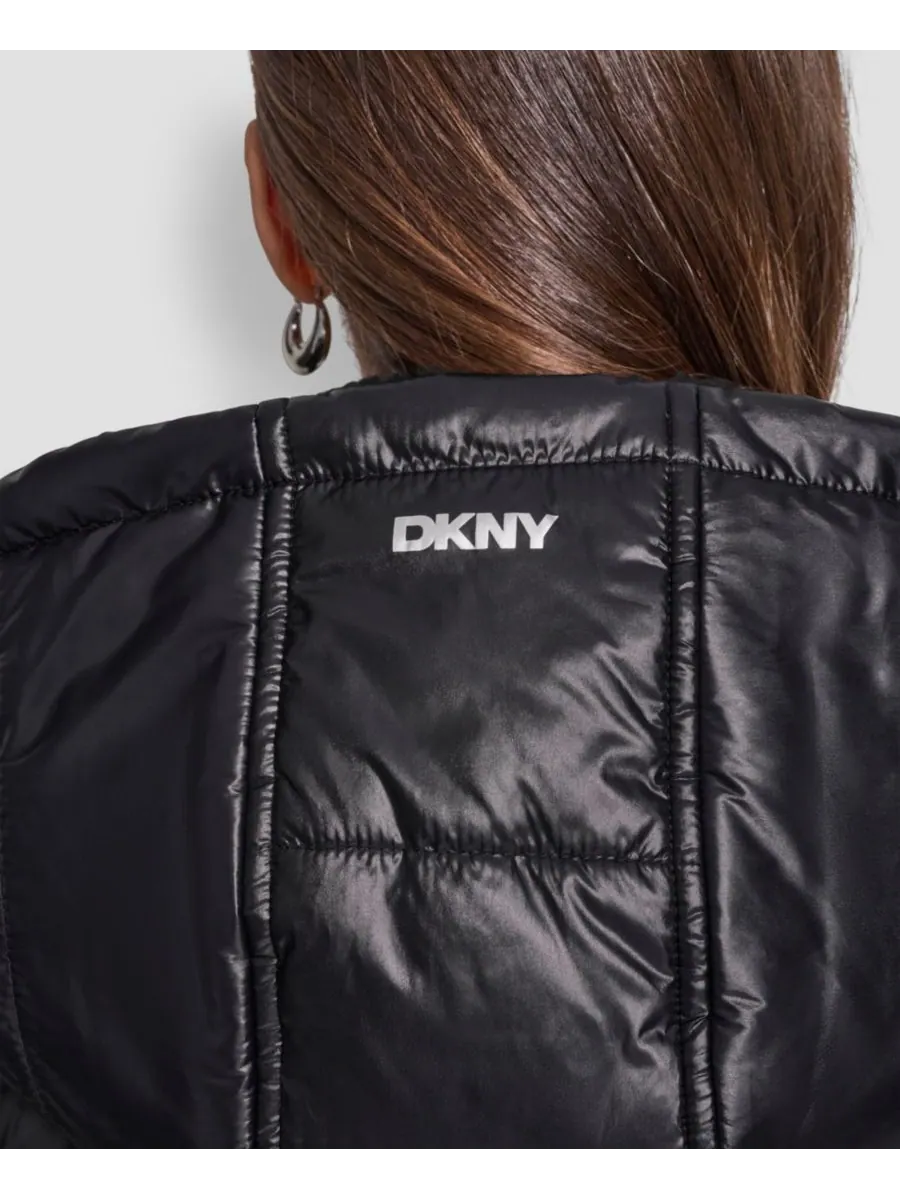 Женский пуховый жилет с контрастным воротником и капюшоном DKNY — изображение 6 из 6, металлик черный