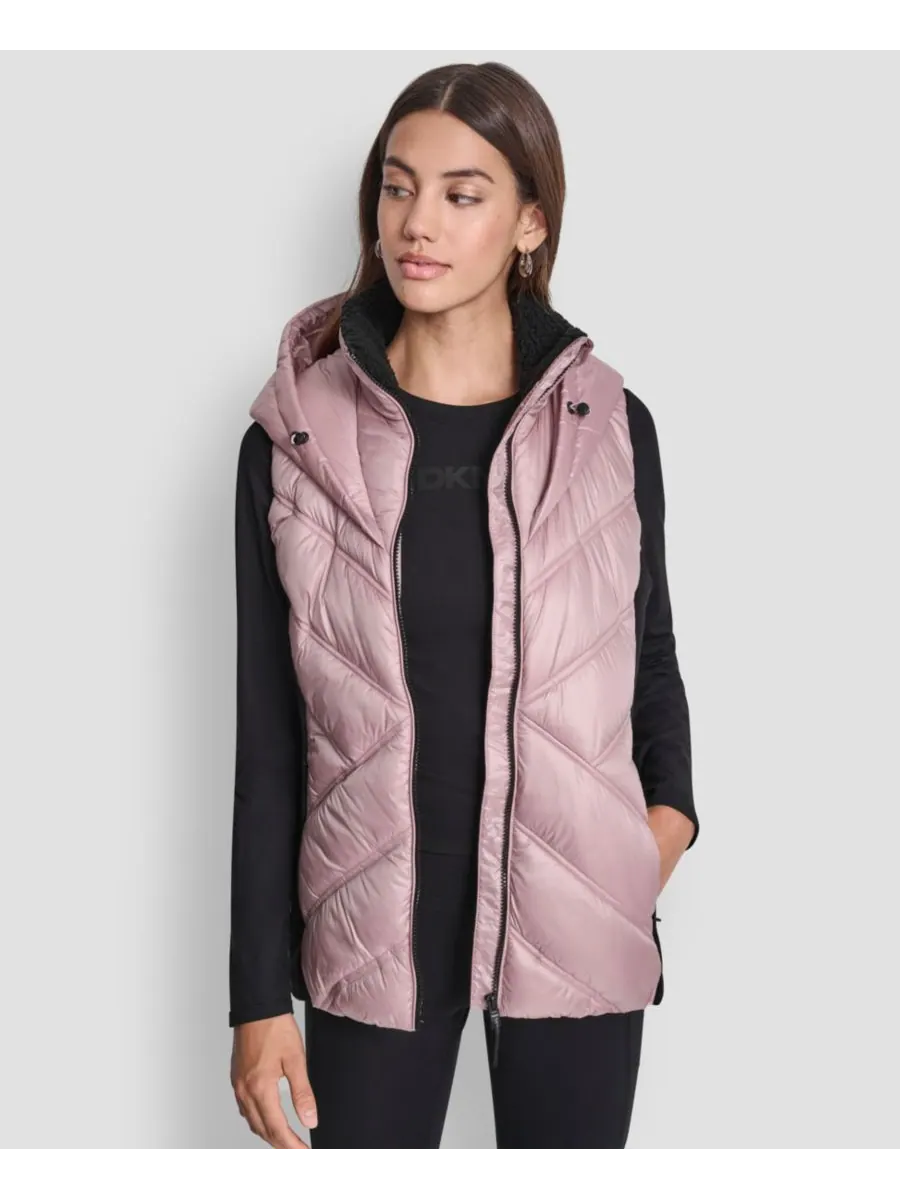 Женский пуховый жилет с контрастным воротником и капюшоном DKNY, Metallic Allure