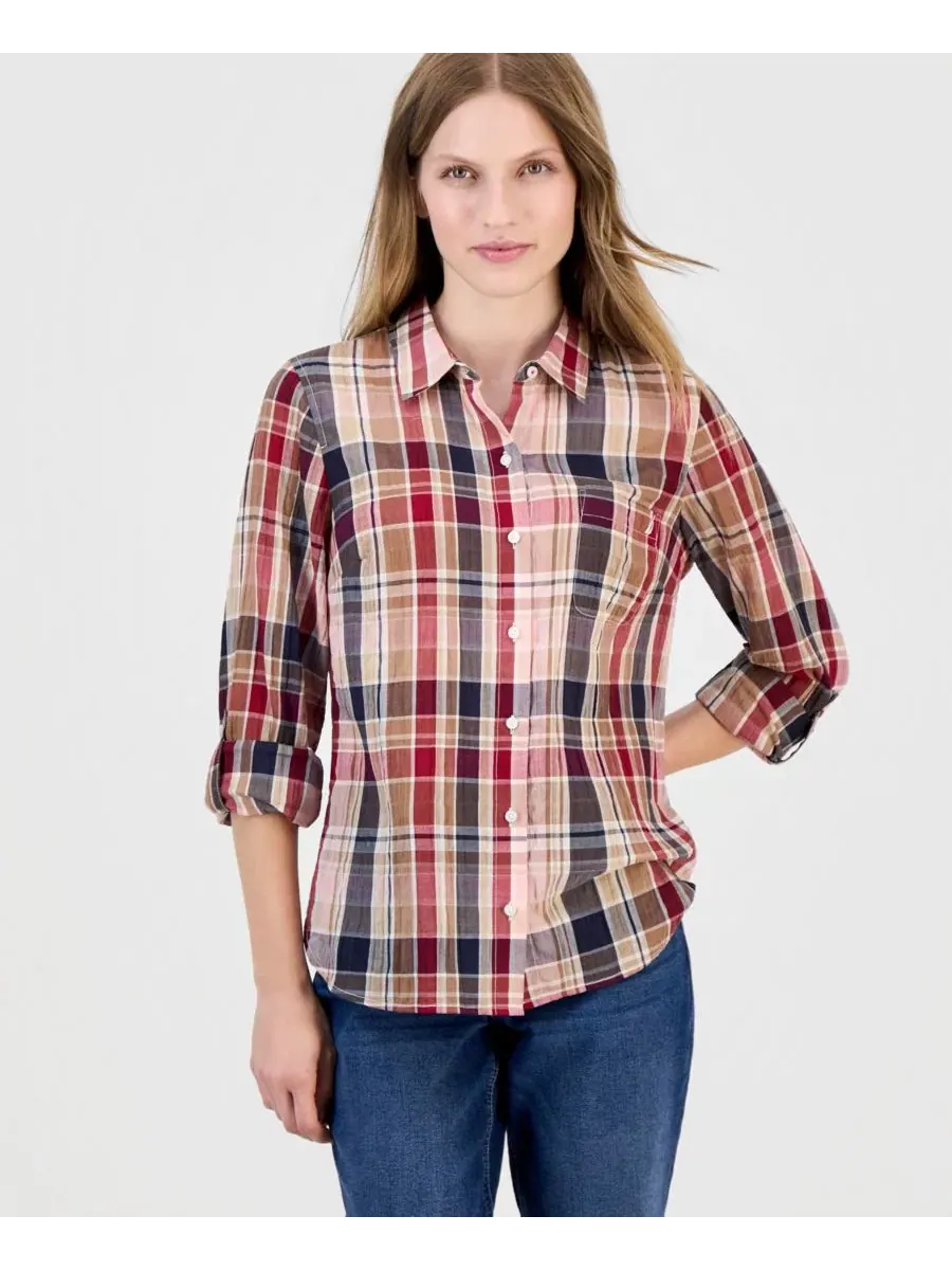 Рубашка из жатой клетчатой ткани с закатывающимися рукавами, модель Crinkle Plaid Roll-Tab Shirt
