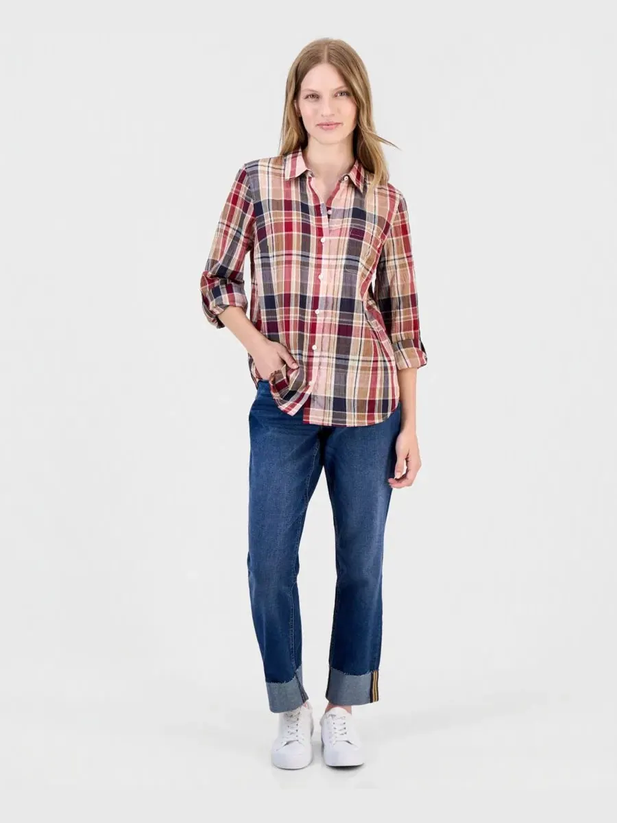 Рубашка из жатой клетчатой ткани с закатывающимися рукавами, модель Crinkle Plaid Roll-Tab Shirt — изображение 2 из 4