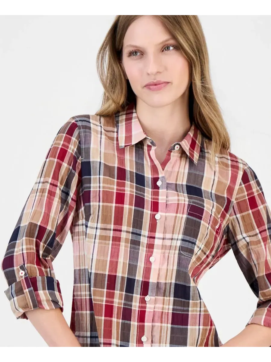 Рубашка из жатой клетчатой ткани с закатывающимися рукавами, модель Crinkle Plaid Roll-Tab Shirt — изображение 3 из 4