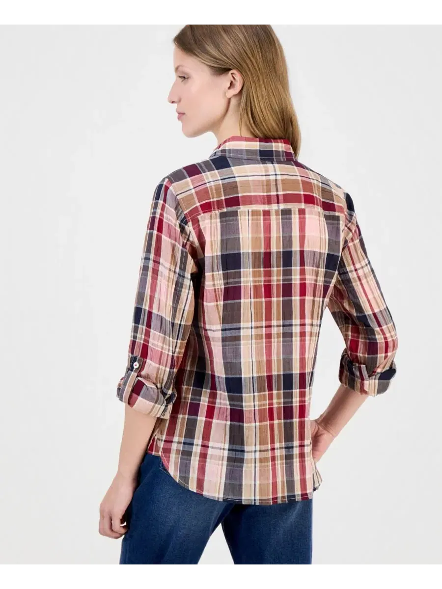 Рубашка из жатой клетчатой ткани с закатывающимися рукавами, модель Crinkle Plaid Roll-Tab Shirt — изображение 4 из 4