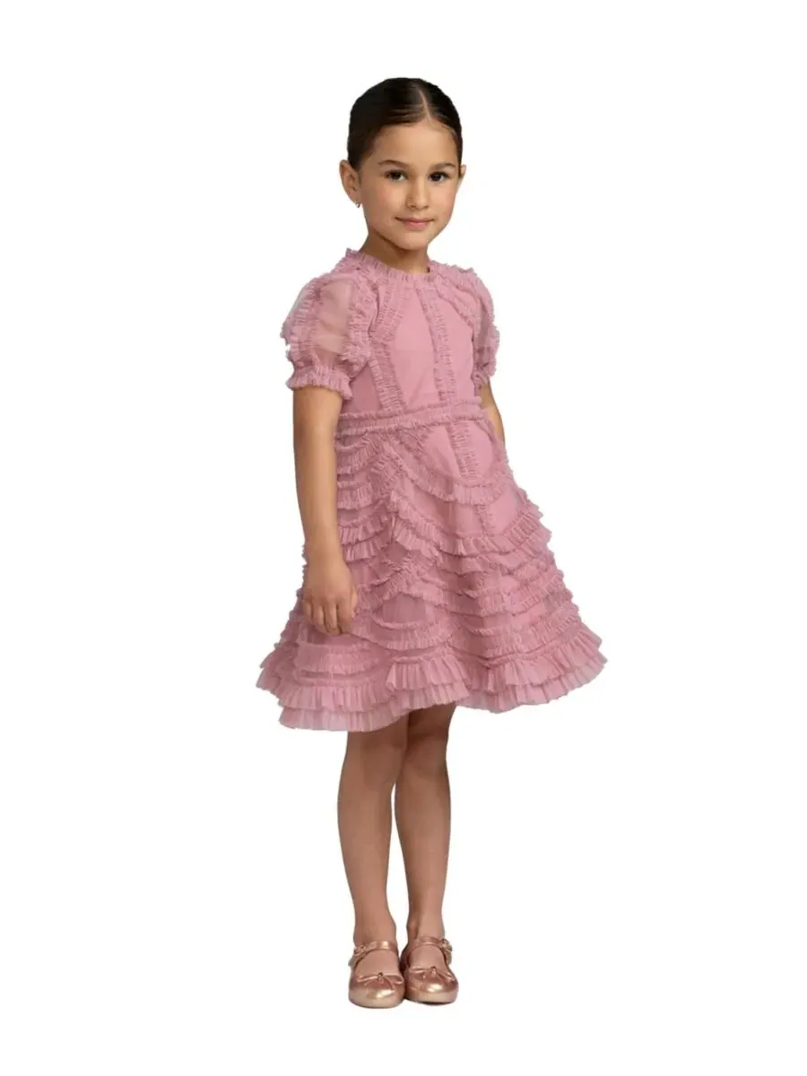 Платье мини с высоким воротом и пышными рукавами, с оборками, Big Girls High Neck Puff Sleeve