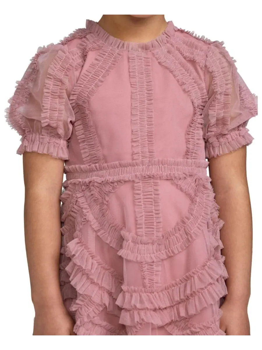 Платье мини с высоким воротом и пышными рукавами, с оборками, Big Girls High Neck Puff Sleeve — изображение 3 из 3, розовый