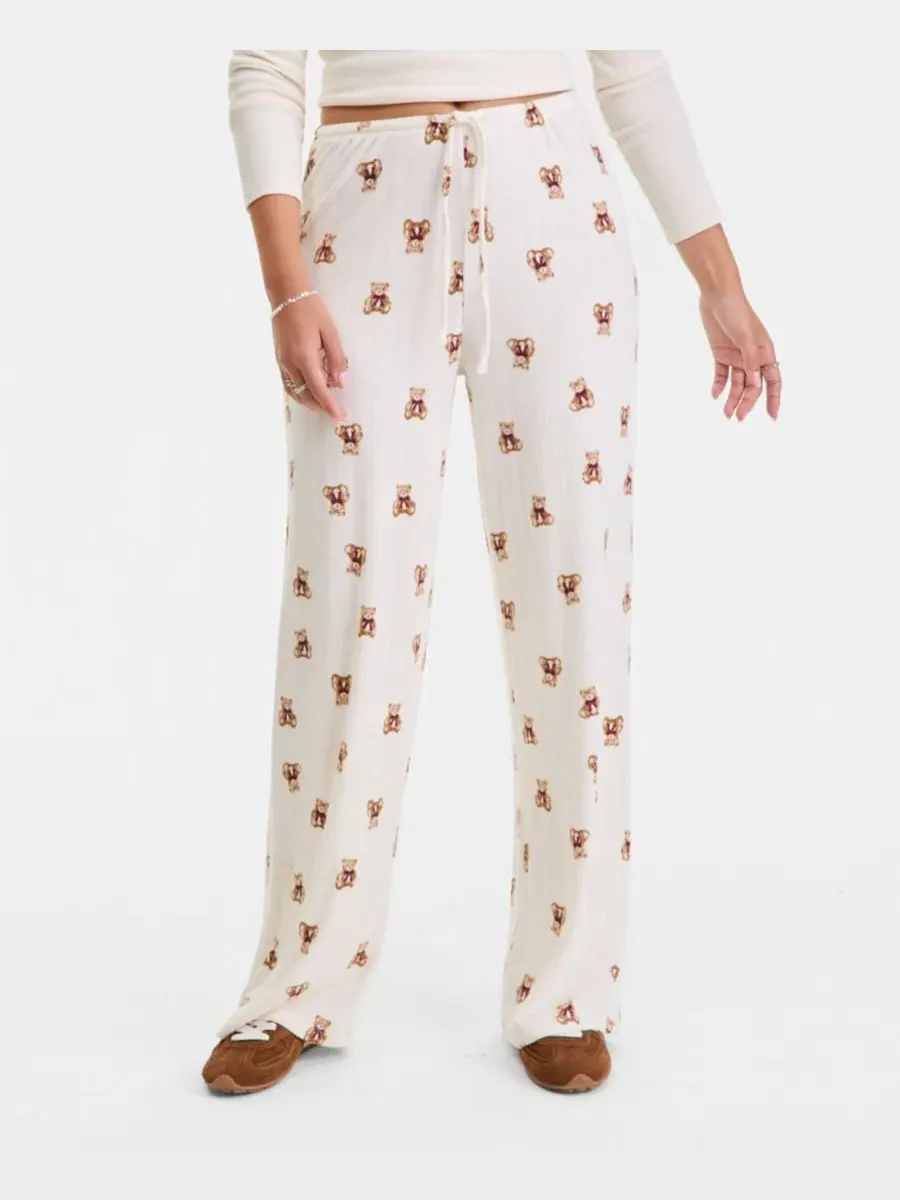 Домашние брюки с принтом и шнурком Hippie Rose, Oat Teddy Bear — изображение 3 из 4