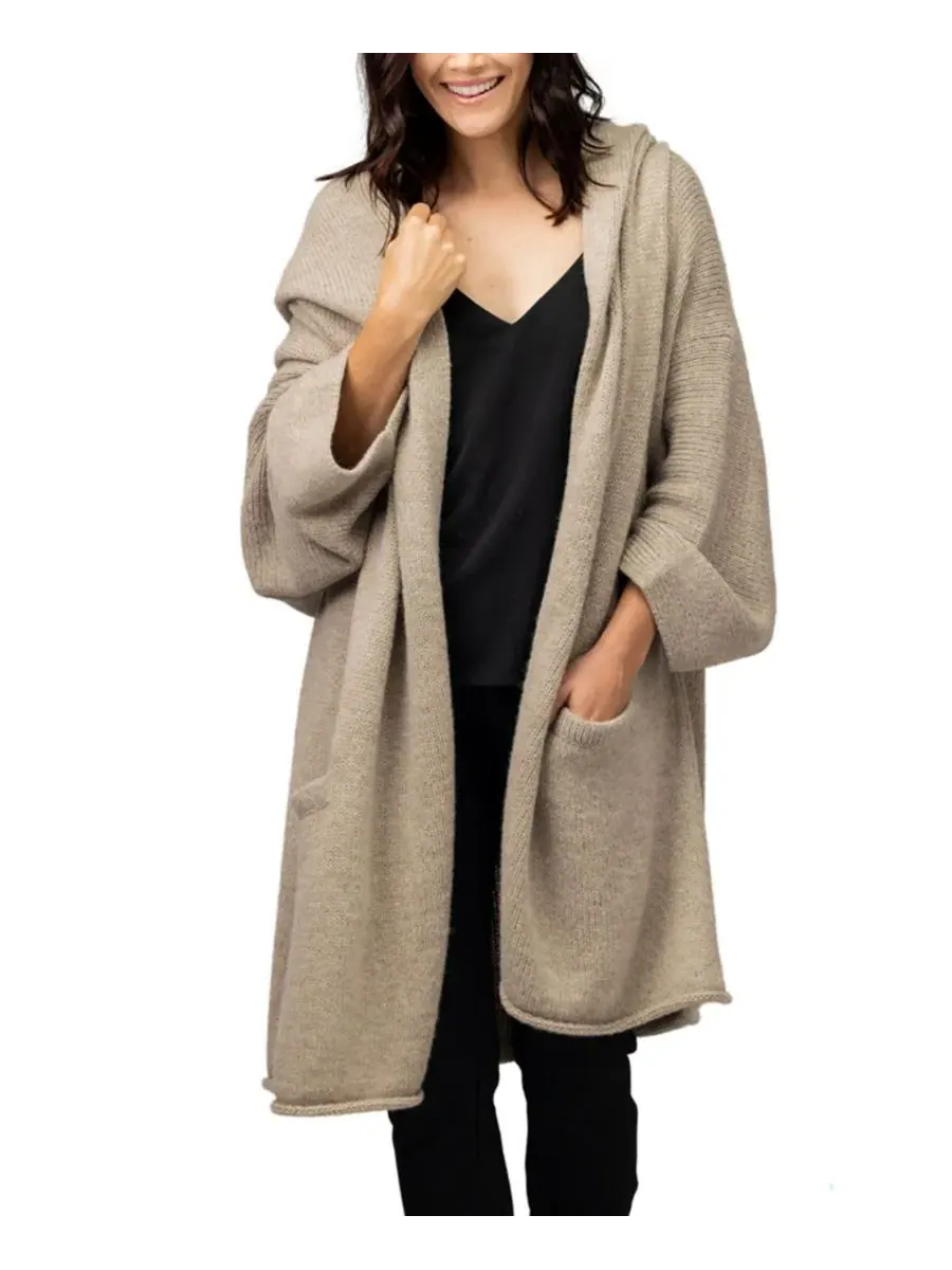 Кардиган Regina Alpaca Long с капюшоном и колокольчиковыми рукавами Simply Natural — изображение 2 из 3, бежевый