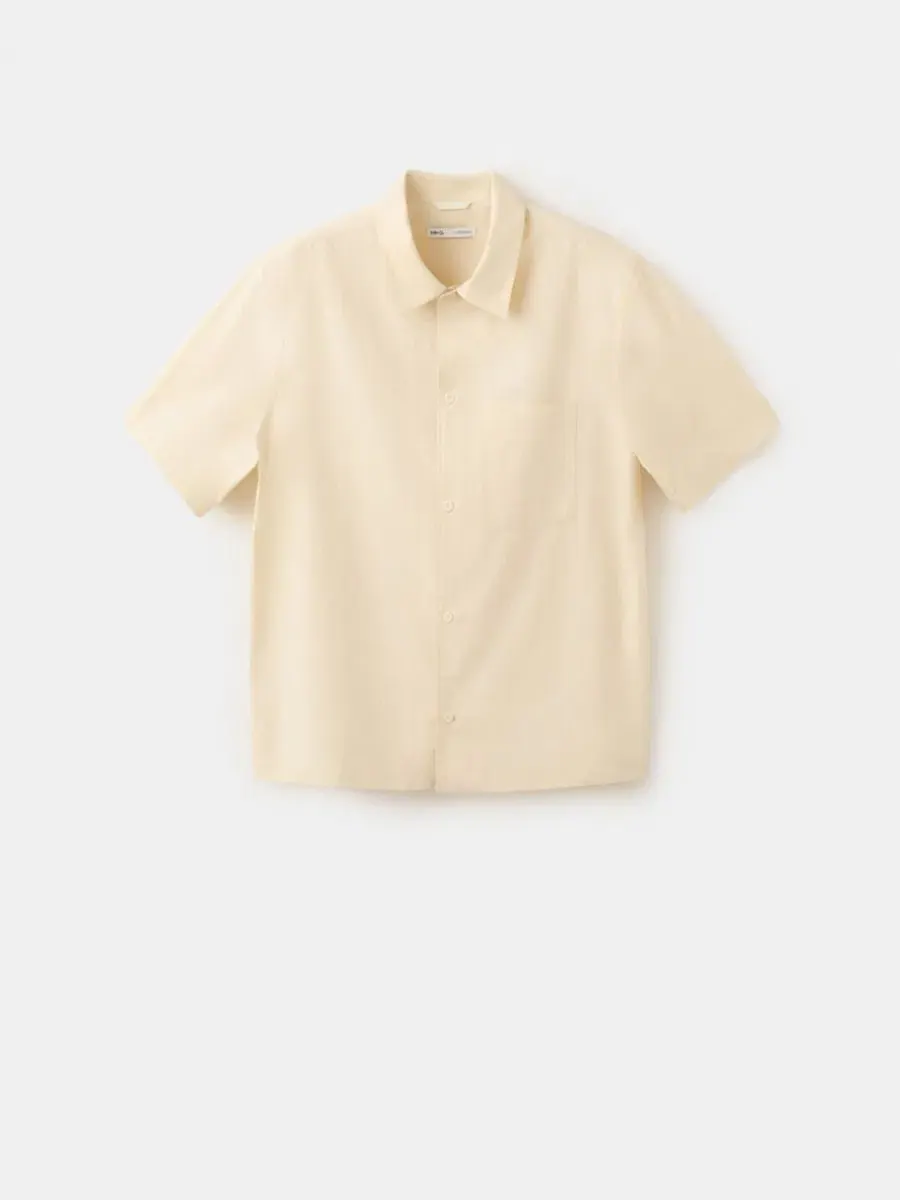 Мужская рубашка из хлопка и льна с коротким рукавом, модель Regular Fit MANGO — изображение 2 из 6, ванильный