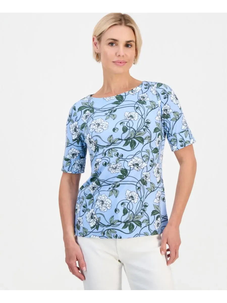 Блузка с лодочным вырезом и рукавом до локтя, с цветочным принтом Style & Co, Pretty Peri