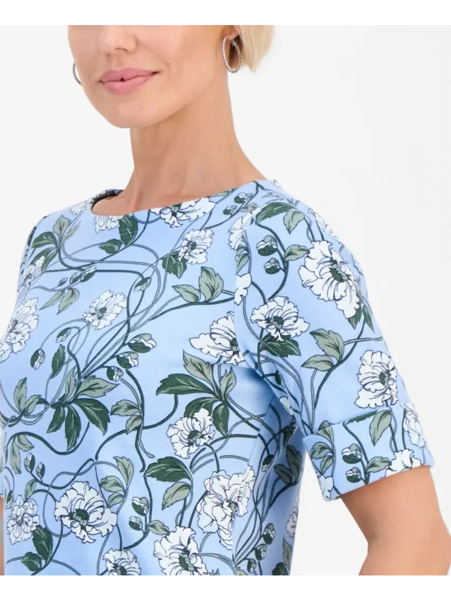 Блузка с лодочным вырезом и рукавом до локтя, с цветочным принтом Style & Co, Pretty Peri — изображение 2 из 4
