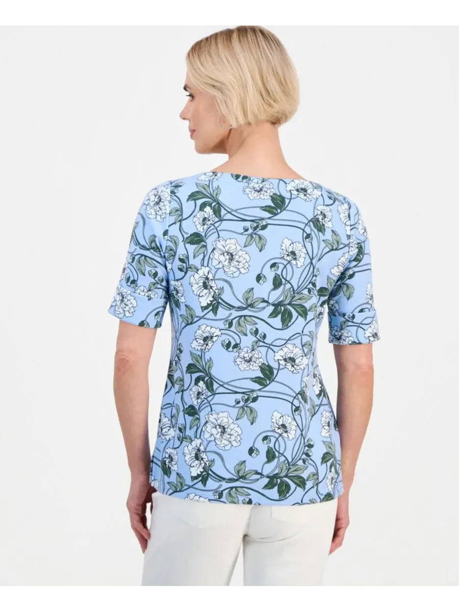 Блузка с лодочным вырезом и рукавом до локтя, с цветочным принтом Style & Co, Pretty Peri — изображение 4 из 4