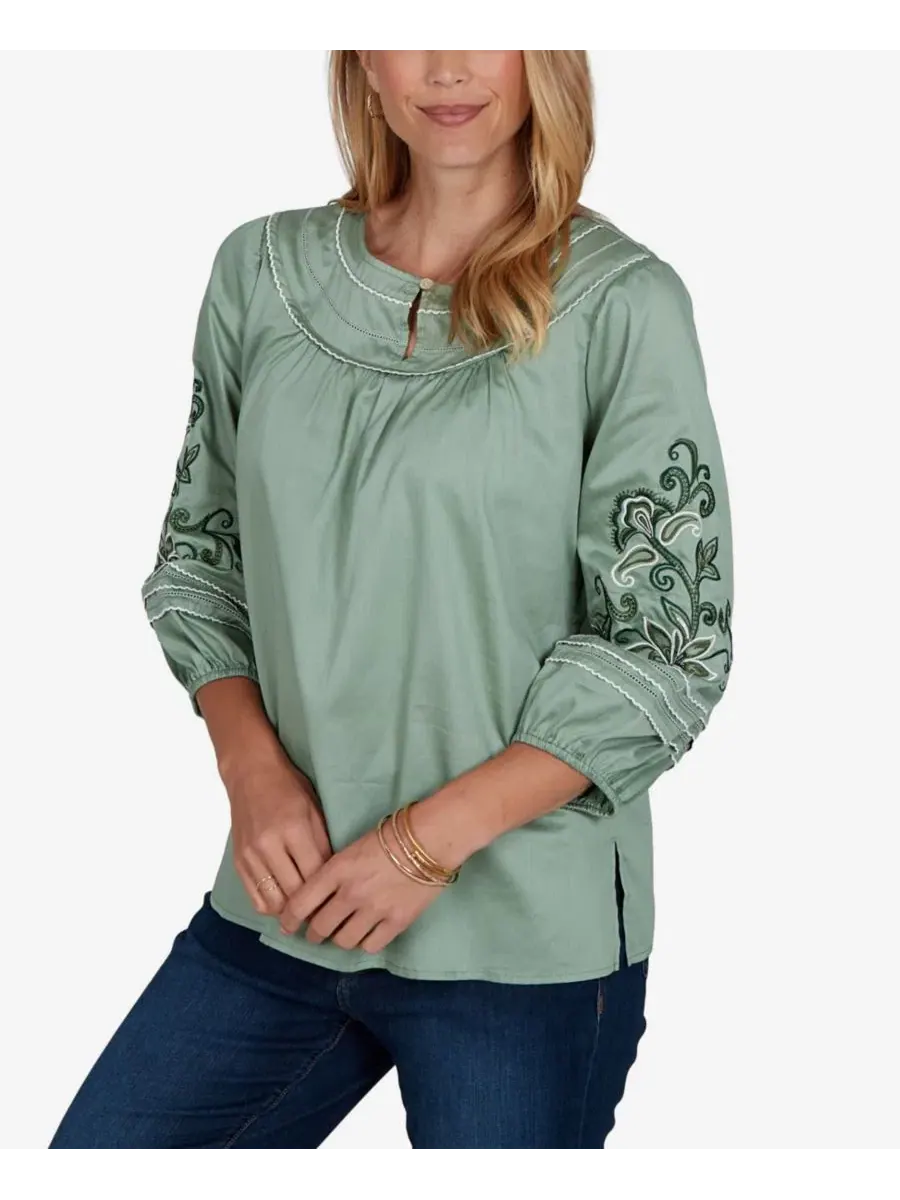 Блуза с вышивкой и рукавом 3/4 из вуали Petite Embroidered 3/4-Sleeve Voile Blouse Ruby Rd., Jasper — изображение 2 из 5