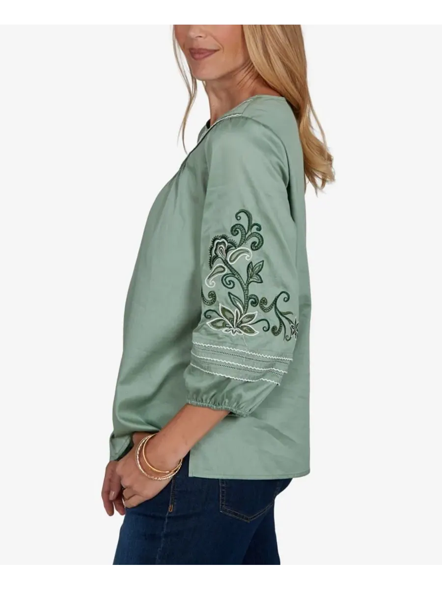 Блуза с вышивкой и рукавом 3/4 из вуали Petite Embroidered 3/4-Sleeve Voile Blouse Ruby Rd., Jasper — изображение 3 из 5