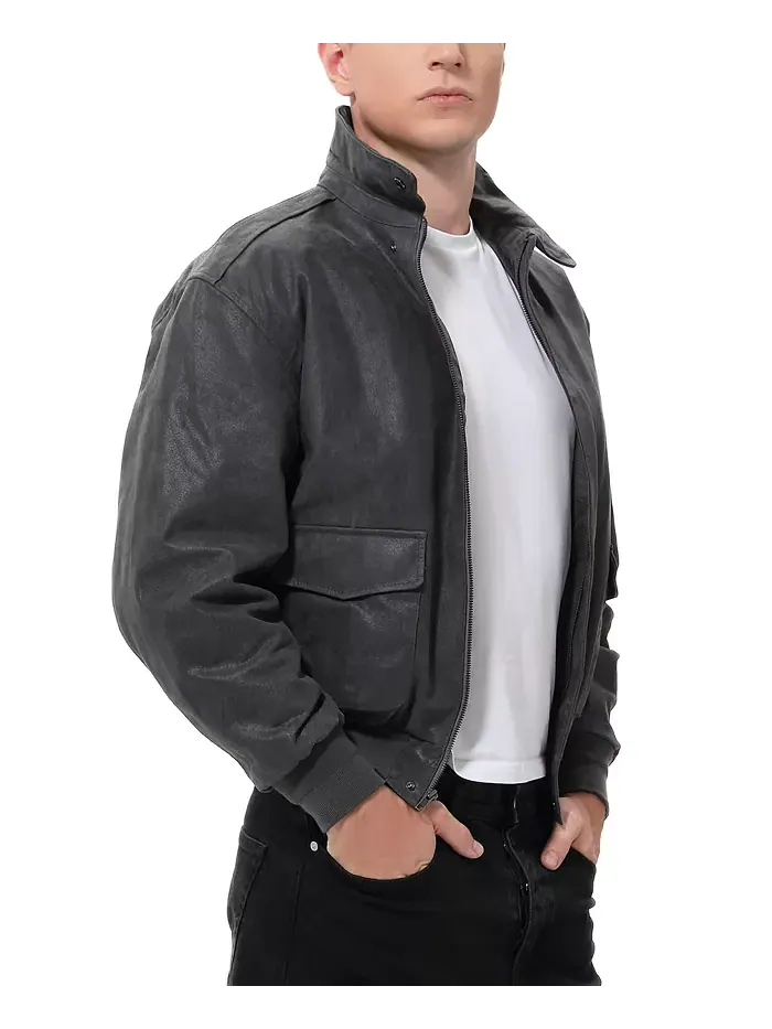 Мужская кожаная летная куртка-бомбер A-2 с эффектом потертости Landing Leathers — изображение 3 из 4, серый