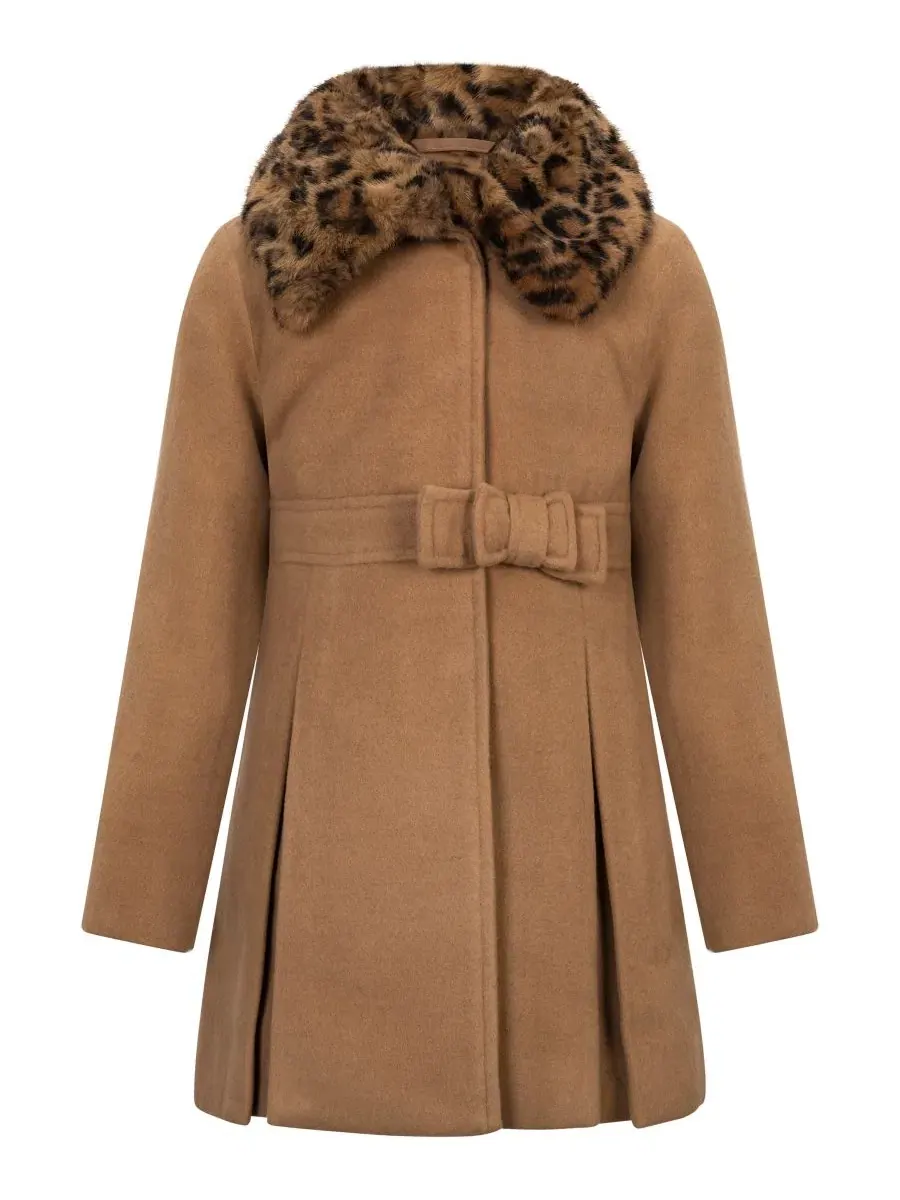 Пальто детское с двойным бантом и меховым воротником S Rothschild & CO, Camel Leopard — изображение 1 из 3