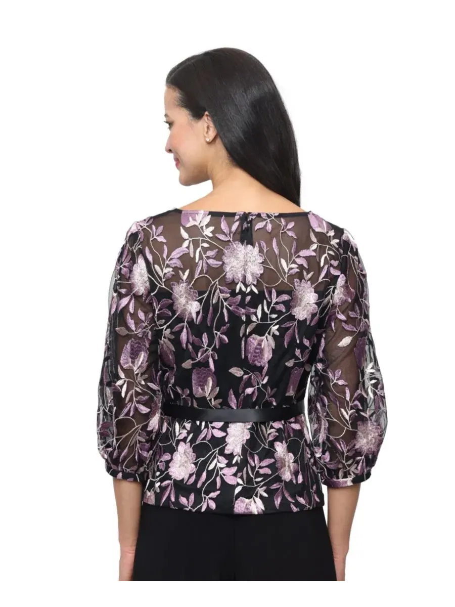 Блуза с вышивкой и поясом Petite Embroidered Boat Neck Blouse Alex Evenings — изображение 2 из 3, черный