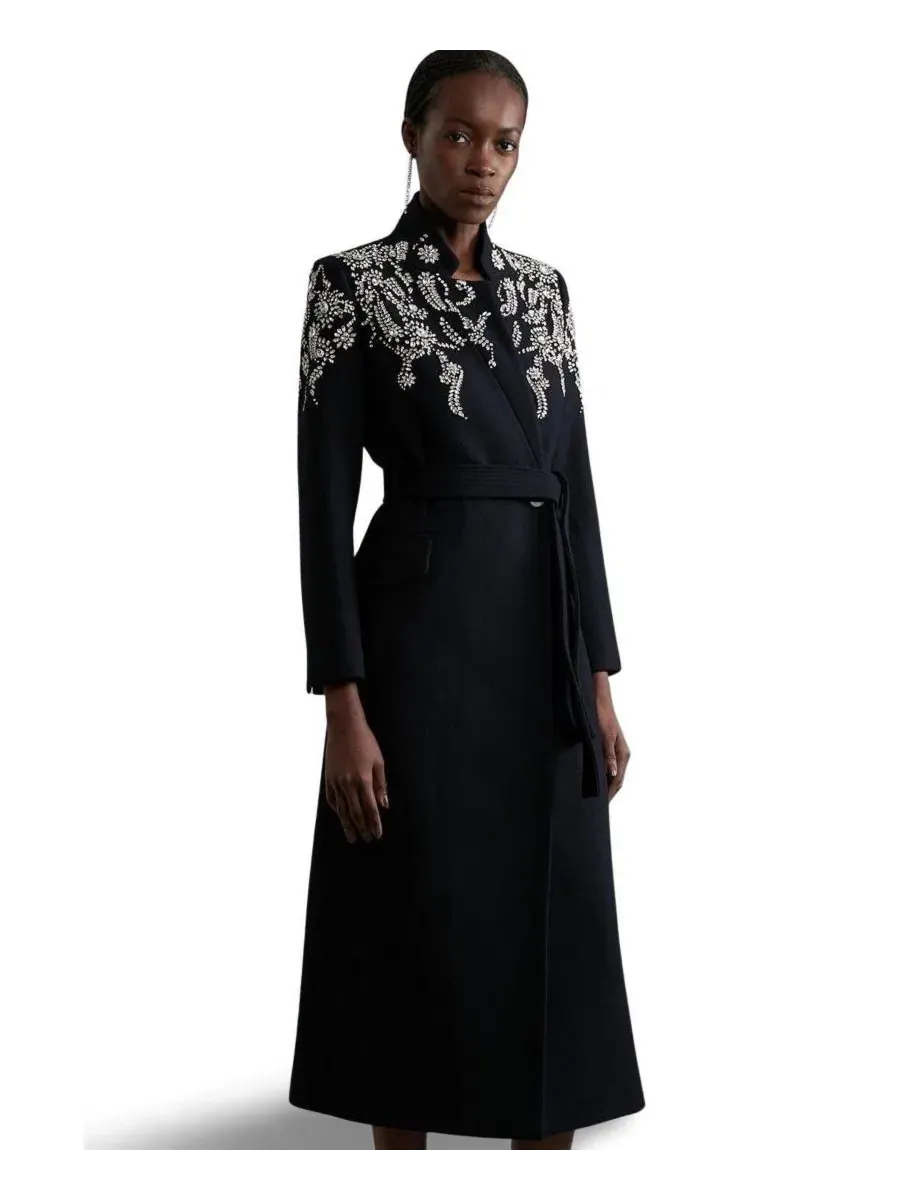 Пальто-миди шерстяное двубортное с вышивкой Karen Millen