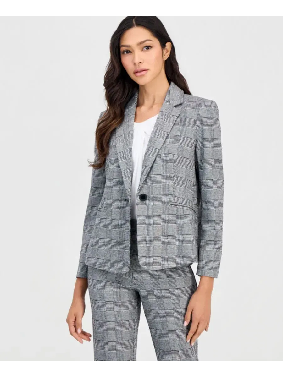 Блейзер с принтом в клетку Petite Plaid One-Button Blazer Anne Klein Essentials