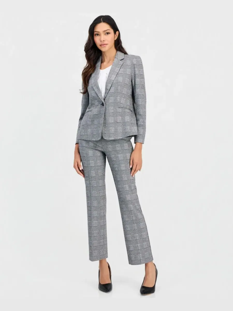 Блейзер с принтом в клетку Petite Plaid One-Button Blazer Anne Klein Essentials — изображение 4 из 5, черный/белый