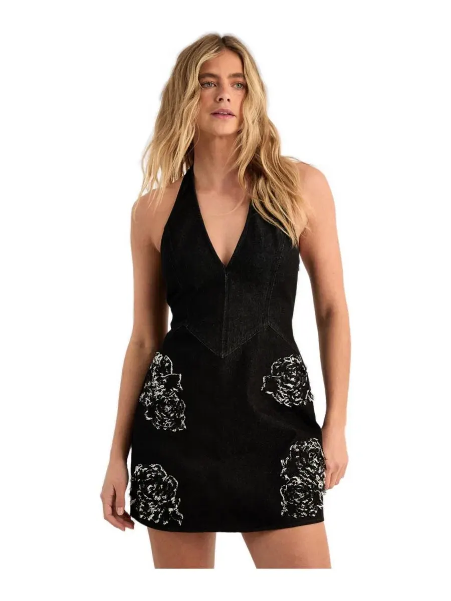 Платье мини из денима с вышивкой Halterneck Nasty Gal — изображение 2 из 5, черный