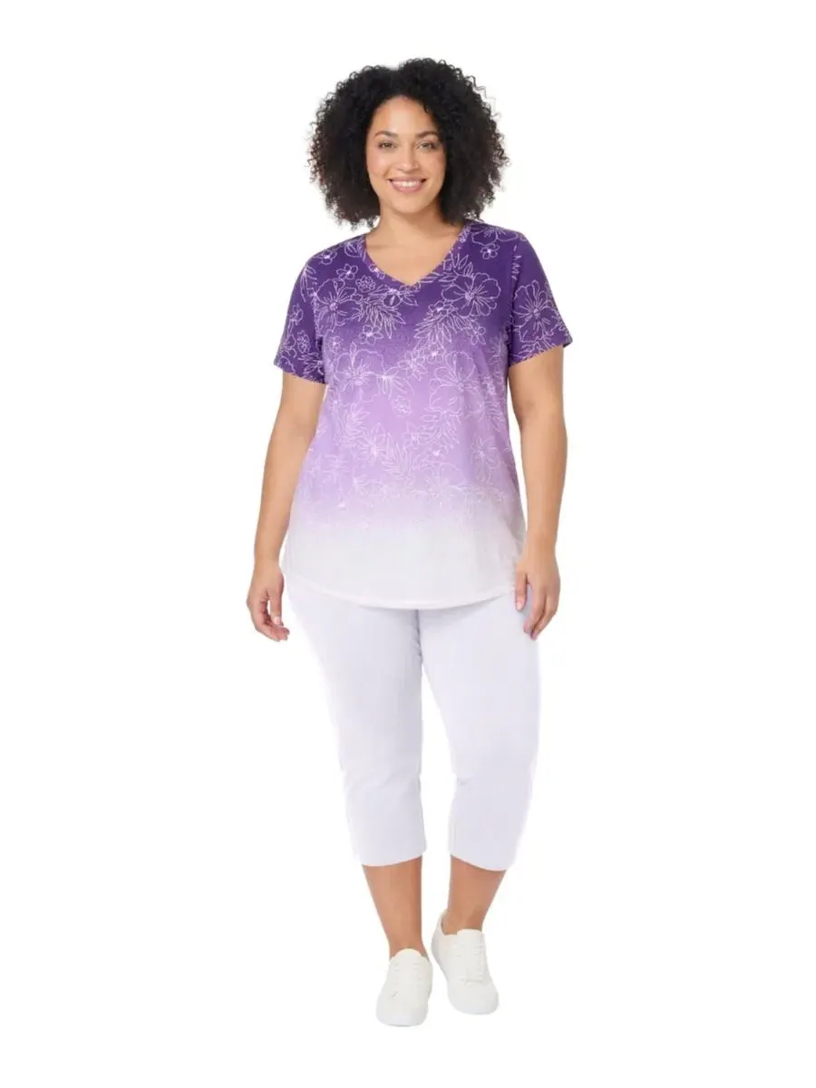 Комплект туника с V-образным вырезом и капри Radiant Purple Ombre Flowers Woman Within — изображение 1 из 4, фиолетовый