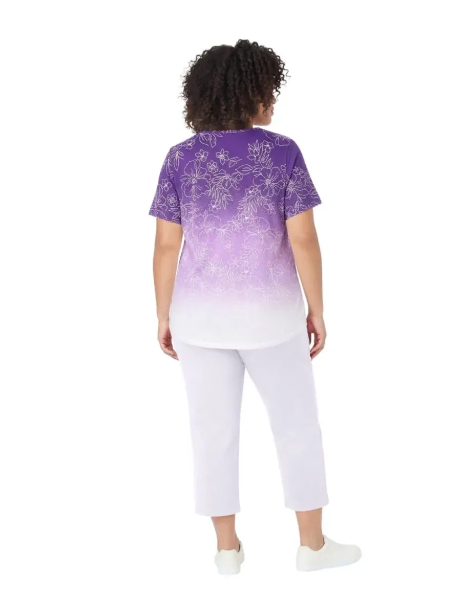 Комплект туника с V-образным вырезом и капри Radiant Purple Ombre Flowers Woman Within — изображение 3 из 4, фиолетовый