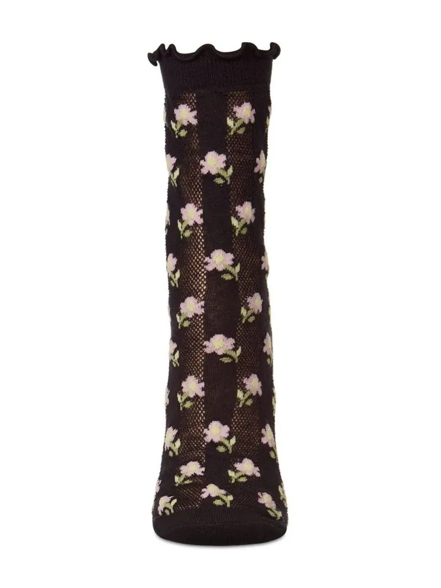 Носки женские с цветочным принтом Ditsy Floral Mini-Net Ruffle-Edge MeMoi — изображение 2 из 3, черный
