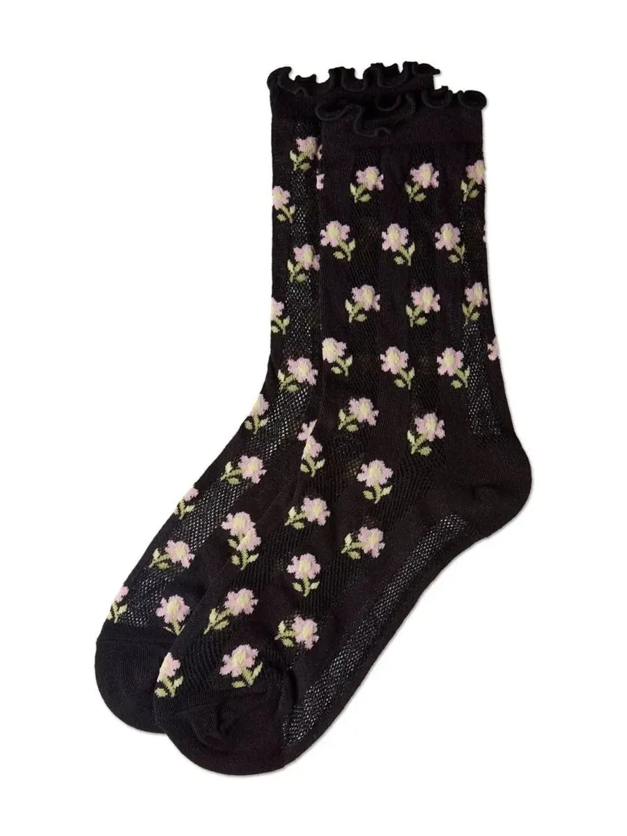 Носки женские с цветочным принтом Ditsy Floral Mini-Net Ruffle-Edge MeMoi — изображение 3 из 3, черный