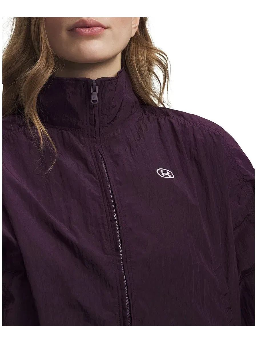 Женская куртка с воротником-стойкой, молнией спереди, Rival Woven Jacket Under Armour — изображение 2 из 3, фиолетовый/белый
