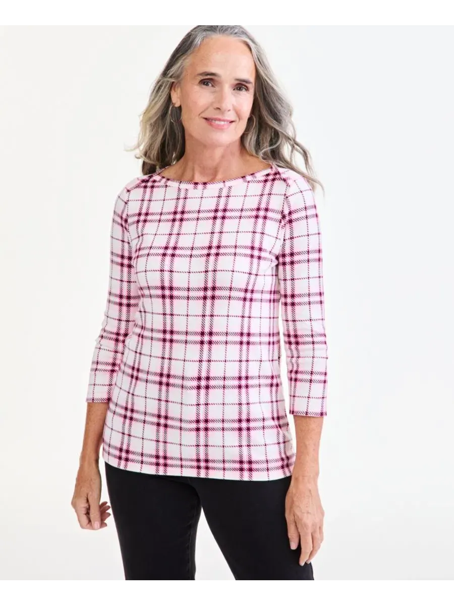 Топ с лодочным вырезом с принтом в клетку, 3/4 рукав Style & Co, Fresh Vanilla — изображение 1 из 4