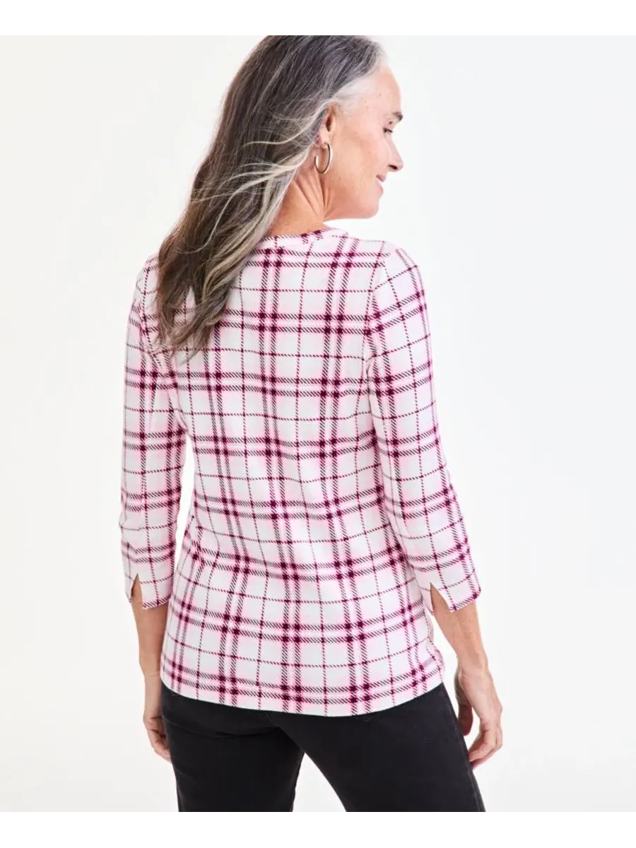 Топ с лодочным вырезом с принтом в клетку, 3/4 рукав Style & Co, Fresh Vanilla — изображение 3 из 4