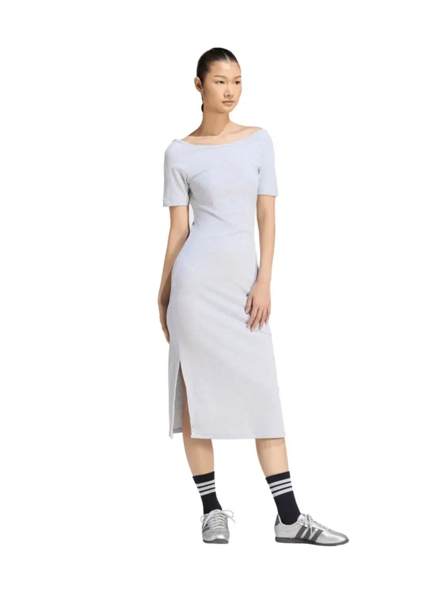 Платье женское с мелкой рифленой текстурой, с коротким рукавом, Logo Ribbed Dress adidas — изображение 1 из 5, светлый серый