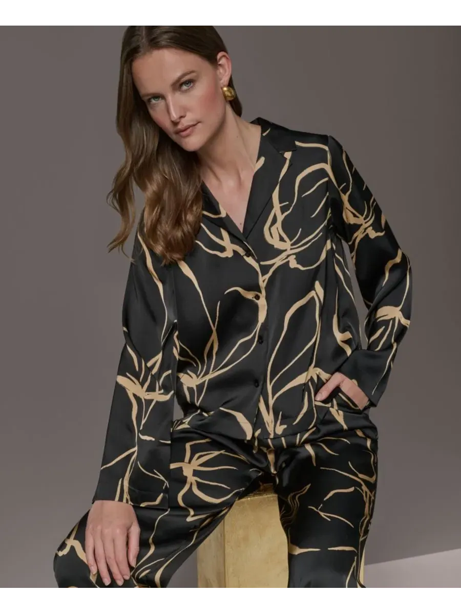 Блузка с длинным рукавом и воротником Petite Long-Sleeve Collared Neck Top Donna Karan New York — изображение 4 из 12, черный