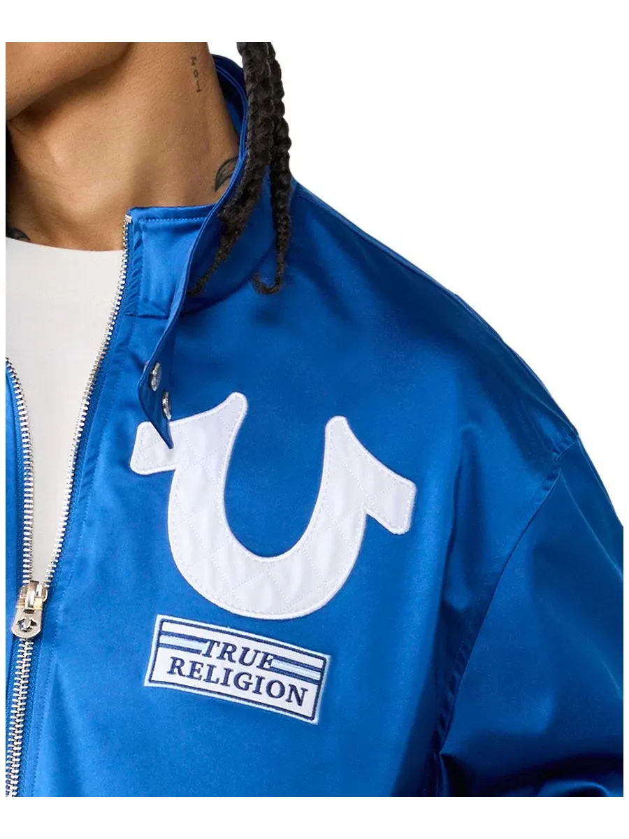 Бомбер из атласа с вышивкой и патчем True Religion — изображение 2 из 3, синий